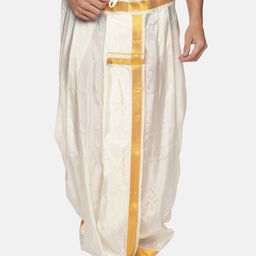 Sethukrishna Men Cream-Coloured & Gold-Coloured Solid Art Silk Dhoti Pants-picture-28