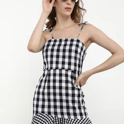 LULU & SKY Black & White Checked Shoulder Straps A-Line Mini Dress-picture-22