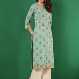 WOMENCLICK Women Geometric Keyhole Neck Flared Sleeves Mirror Work Floral Kurta image 3