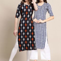 7threads KALINI Women Pack Of 2 Navy Blue & Blue Ethnic Motifs Printed Crepe Kurta-picture-0