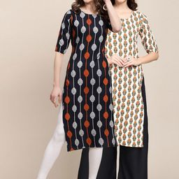 7threads KALINI Women Black & Off White Set Of 2 Ethnic Motifs Printed Crepe Kurta-picture-30