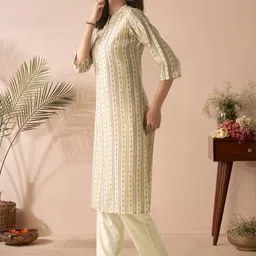 Anouk Grey Striped Mandarin Collar Chanderi Silk Straight Kurta image 4