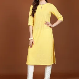 Vishudh Yellow Floral Embroidered Keyhole Neck Thread Work Straight Kurta-picture-46