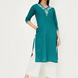 max Floral Embroidered V-neck Three-Quarter Sleeves Thread Work Kurta image 1