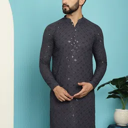 SOJANYA Ethnic Motifs Embroidered Sequinned Long Sleeves Straight Pure Cotton Kurta-picture-35