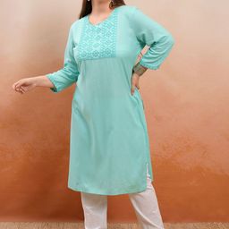 Vishudh Women Plus size Blue Ethnic Motifs Yoke Design Thread Work Straight Kurta-picture-42