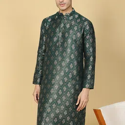 NAMASKAR Ethnic Motifs Woven Design Mandarin Collar Jacquard Straight Kurta-image-82