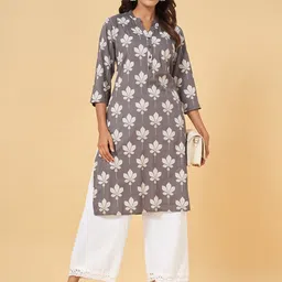 RANGMANCH BY PANTALOONS Floral Printed Mandarin Collar Pure Cotton Kurta image 1