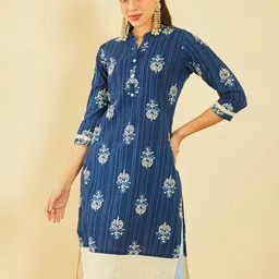 Soch Floral Printed Mandarin Collar Cotton Straight Kurta-picture-30
