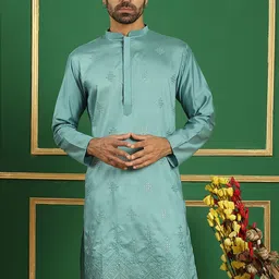 Jompers Geometric Embroidered Mandarin Collar Sequined Cotton Silk Straight Kurta-picture-14