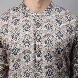 Anouk Beige & Black Ethnic Motif Printed Band Collar Pure Cotton Short Kurta image 4