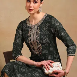 KALINI Ethnic Motifs Printed Thread Work Straight Kurta image 2
