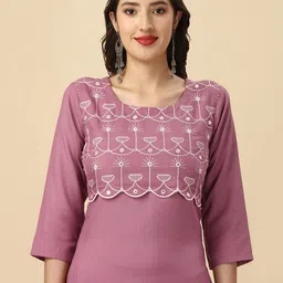 HERE&NOW Mauve & Biege Ethnic Motifs Embroidered Yoke Design Mirror Work Kurta image 5