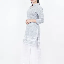 Trendzmy Women Grey & White Geometric Thread Work Kurta image 2