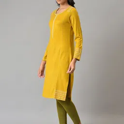 W Women Yellow Regular Sleeves Thread Work Kurta image 4