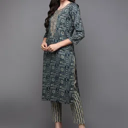 KALINI Geometric Printed Thread Work Straight Kurta image 4
