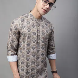 Anouk Beige & Black Ethnic Motif Printed Band Collar Pure Cotton Short Kurta image 5