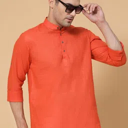 allan peter Mandarin Collar Roll Up Sleeves Cotton Short Kurta image 2