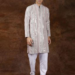 Exotic India Ethnic Motifs Embroidered Mirror Work Kurta with Pyjamas-picture-49