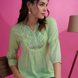 KALINI Geometric Embroidered Mirror Work A-Line Kurti-picture-35