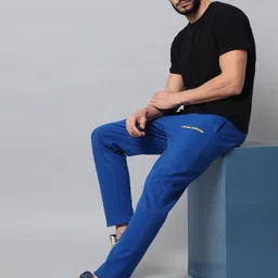 GRIFFEL Men Blue Solid Cotton Track Pants image 5