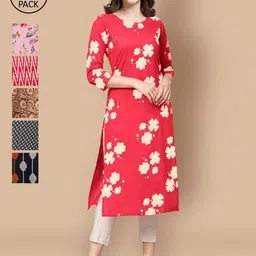 7Threads Women Pack Of 6 Multicoloured Floral Printed Thread Work Block Print Crepe Kurta image 1