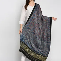 Dupatta Bazaar Blue & White Ethnic Motifs Printed Pure Silk Block Print Dupatta with Zari-picture-30