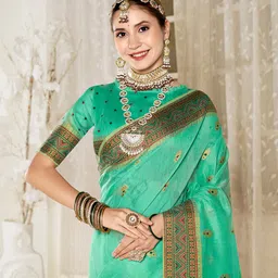 anouk rustic Anouk Turquoise Blue Ethnic Motifs Woven Design Zari Art Silk Saree image 4