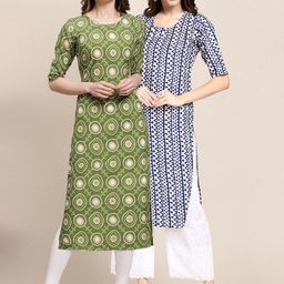 7threads KALINI PACK OF 2 Women Green & Blue Ethnic Motifs Printed Summer Sheers Crepe Kurta-picture-47