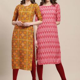 7threads KALINI Women Pack Of 2 Yellow & Red Ethnic Motifs Printed Crepe Kurta-picture-49