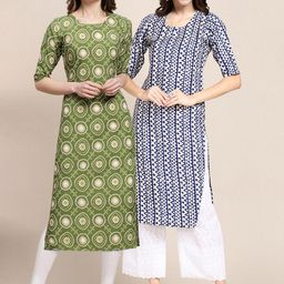 7threads KALINI Women Pack of 2 Green & Blue Ethnic Motifs Printed Summer Sheers Crepe Kurtas-picture-31
