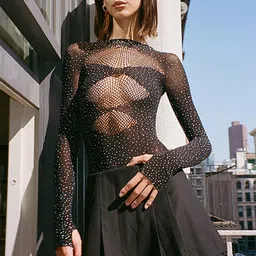 LULU & SKY Hollow-Net Detail Embellished High Neck Bodysuit-picture-24