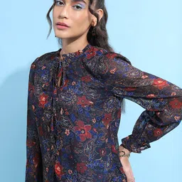 Tokyo Talkies Blue & Red Floral Printed Tie-Up Neck Puffed Sleeves Top-image-64