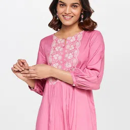 Global Desi Floral Embroidered Cut-Out Detail Gathered Keyhole Neck Top-image-87