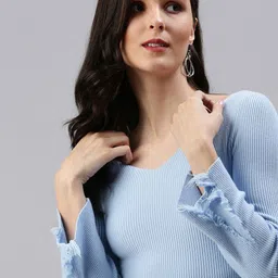 SHOWOFF Blue Solid V-Neck Top-image-16