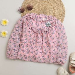 Tiny Girl Pink Floral Printed Puff Sleeves Ruffles Top-picture-26
