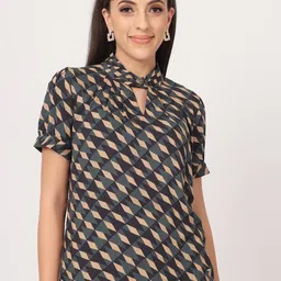 Beatnik Geometric Printed Keyhole Neck Pleated Regular Top-image-82