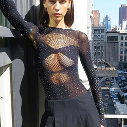 LULU & SKY Hollow-Net Detail Embellished High Neck Bodysuit image 2