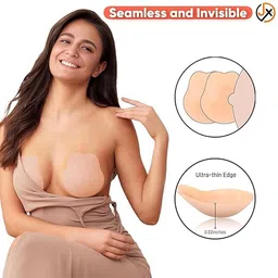 azlvera Women's & Girls Slicone Wire Free Stick-On Free-Bra, Silicone Nipple Cover Bra Pad - Adhesive Reusable Nipple Pads-1pair Beige image 3