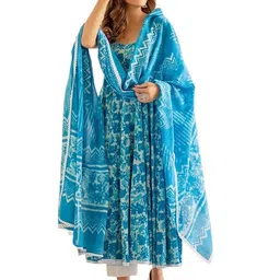 tee projekt Women's Cotton Blend Floral Printed Anarkali Kurta Pant with Dupatta Set ll Round Neck ll Blue Kurta Set image 1