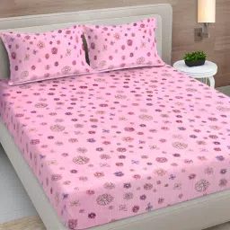 FABINALIV Pink Floral Woollen King Size Fitted Double Bedsheet With 2 Pillow Covers-picture-13