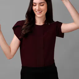 kinjo Casual Cap Sleeves Solid Women Maroon Top-picture-25