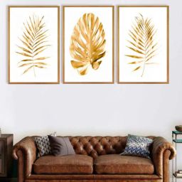 999store Leave Gold Cotton Canvas Framed Floral Art Print Set of 3-picture-0