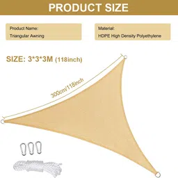 proberos Sun Shade Sail 118 Inch Triangle with Carabiners and Rope for Patio Backyard Tent - For 6 Persons image 3