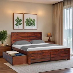 woodsworth from pepperfry Segur Sheesham Wood King Size Bed In Honey Oak Finish With Drawer Storage-picture-2