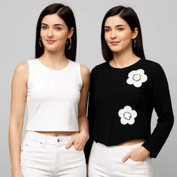 fabricemporium Pack of 2 Casual Regular Sleeves Self Design, Embroidered, Solid Women Black, White Top-picture-43