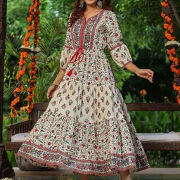 Rain & Rainbow Ethnic Motif Printed Sequinned Fit & Flare Maxi Ethnic Dress image 1