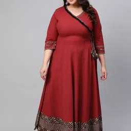 YASH GALLERY Women Maroon Plus Size Solid Angrakha Anarkali Kurta image 1