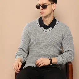 invictus Men Self Design V Neck Grey Sweater-picture-16