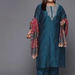 Sztori Plus Size Ethnic Motifs Yoke Design Chanderi Silk Kurta With Trousers & Dupatta image 1